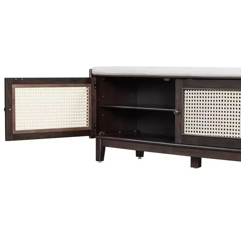 Banc de rangement d'entrée bohème Whisen, banc à chaussures en bois, banc rembourré avec portes doubles