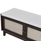 Banc de rangement d'entrée bohème Whisen, banc à chaussures en bois, banc rembourré avec portes doubles