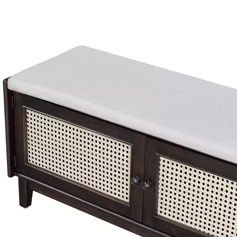 Banc de rangement d'entrée bohème Whisen, banc à chaussures en bois, banc rembourré avec portes doubles