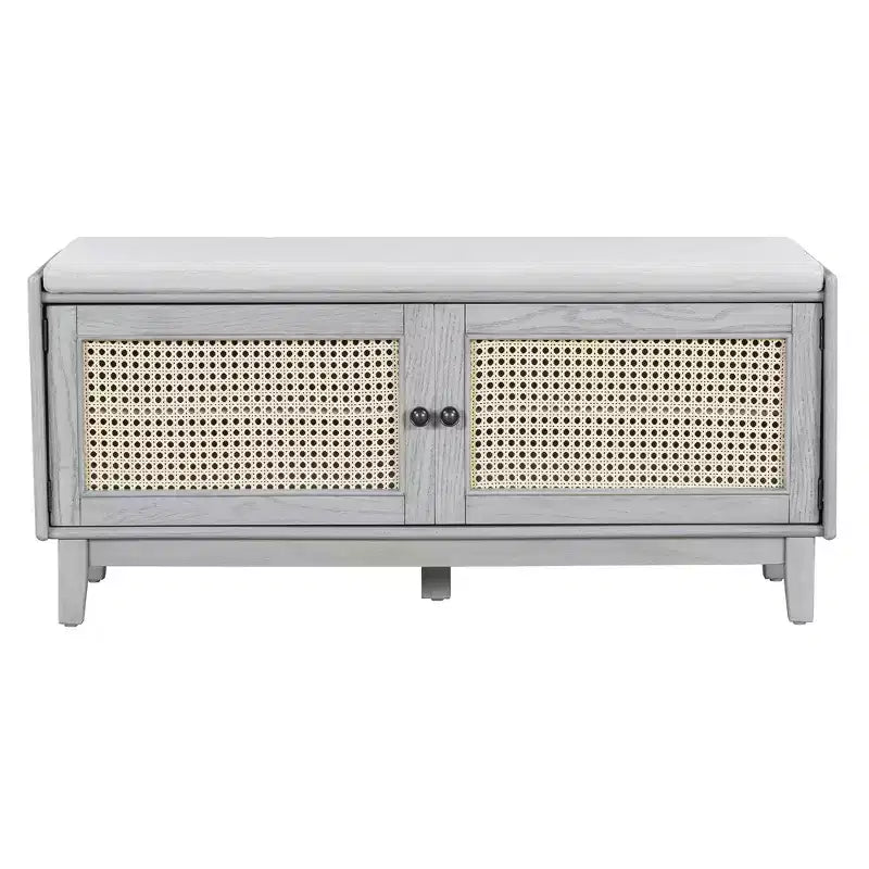 Banc de rangement d'entrée bohème Whisen, banc à chaussures en bois, banc rembourré avec portes doubles
