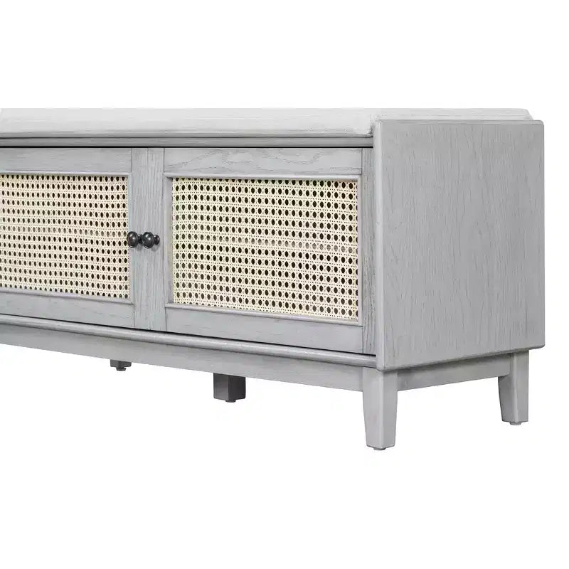 Banc de rangement d'entrée bohème Whisen, banc à chaussures en bois, banc rembourré avec portes doubles