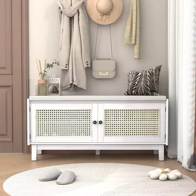 Banc de rangement d'entrée bohème Whisen, banc à chaussures en bois, banc rembourré avec portes doubles