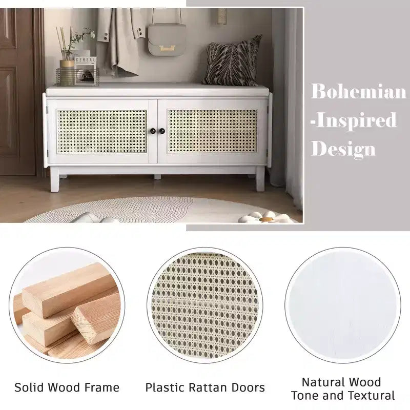Banc de rangement d'entrée bohème Whisen, banc à chaussures en bois, banc rembourré avec portes doubles