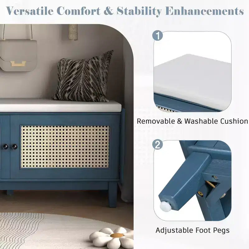 Banc de rangement d'entrée bohème Whisen, banc à chaussures en bois, banc rembourré avec portes doubles