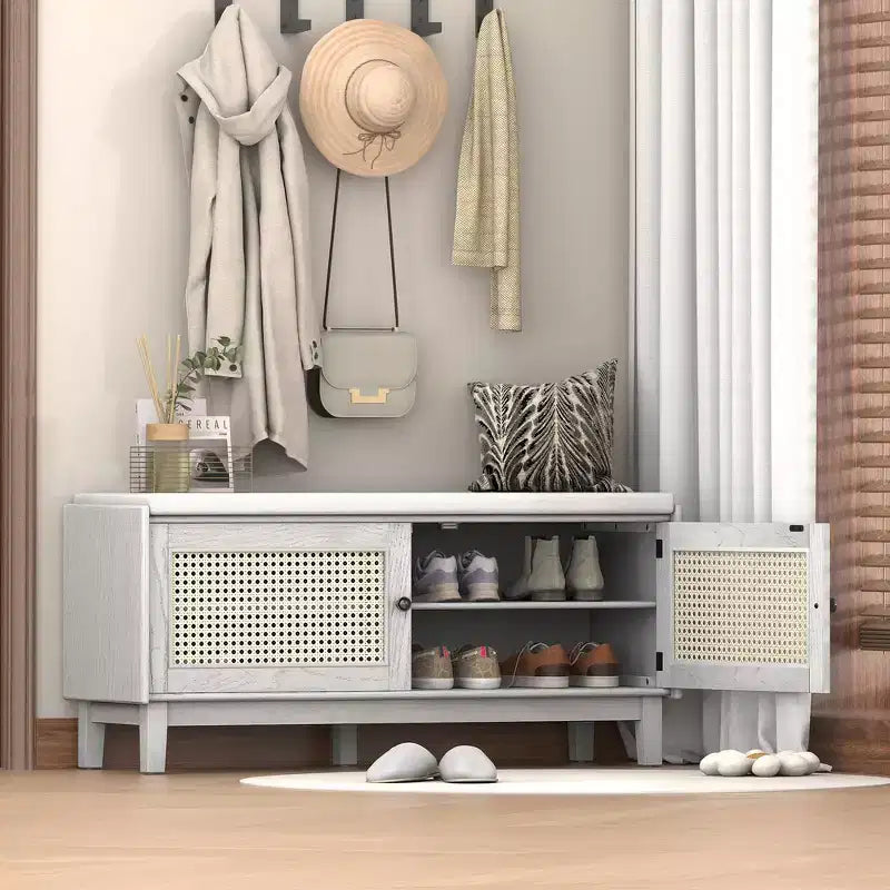 Banc de rangement d'entrée bohème Whisen, banc à chaussures en bois, banc rembourré avec portes doubles