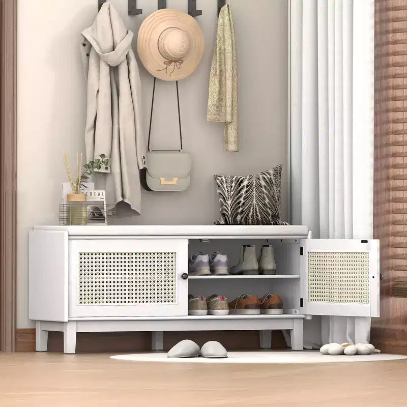 Banc de rangement d'entrée bohème Whisen, banc à chaussures en bois, banc rembourré avec portes doubles