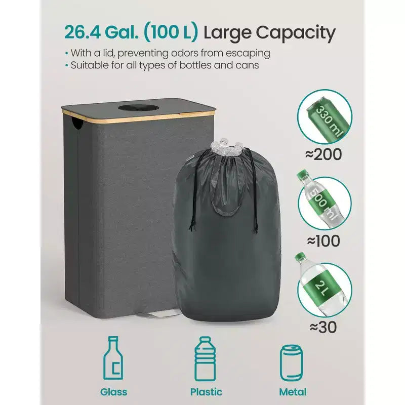 Poubelle de recyclage de 98 litres, bac de recyclage de bouteilles avec sac intérieur et trou de collecte, conception pliable, gris ardoise et beige