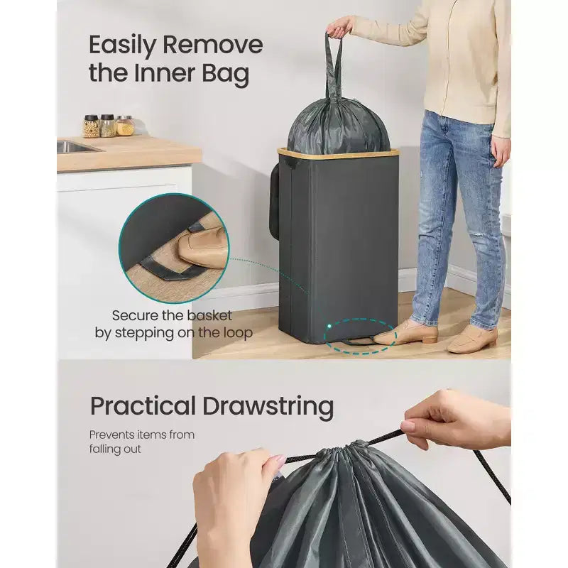 Poubelle de recyclage de 98 litres, bac de recyclage de bouteilles avec sac intérieur et trou de collecte, conception pliable, gris ardoise et beige