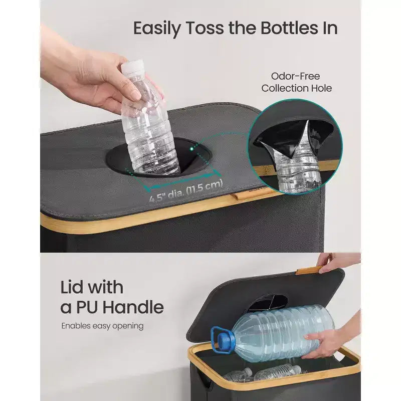 Poubelle de recyclage de 98 litres, bac de recyclage de bouteilles avec sac intérieur et trou de collecte, conception pliable, gris ardoise et beige