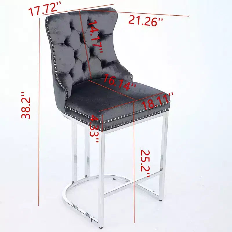Okak – Lot de 2 tabourets de bar de 66 cm, tabourets de bar modernes en velours avec dossier capitonné et rivets, chaises d'îlot de cuisine style ferme avec base en métal chromé