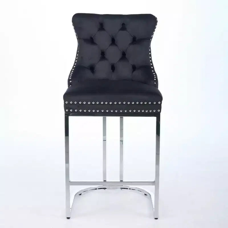 Okak – Lot de 2 tabourets de bar de 66 cm, tabourets de bar modernes en velours avec dossier capitonné et rivets, chaises d'îlot de cuisine style ferme avec base en métal chromé