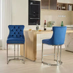 Okak – Lot de 2 tabourets de bar de 66 cm, tabourets de bar modernes en velours avec dossier capitonné et rivets, chaises d'îlot de cuisine style ferme avec base en métal chromé
