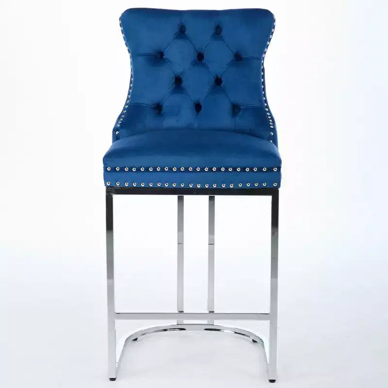 Okak – Lot de 2 tabourets de bar de 66 cm, tabourets de bar modernes en velours avec dossier capitonné et rivets, chaises d'îlot de cuisine style ferme avec base en métal chromé