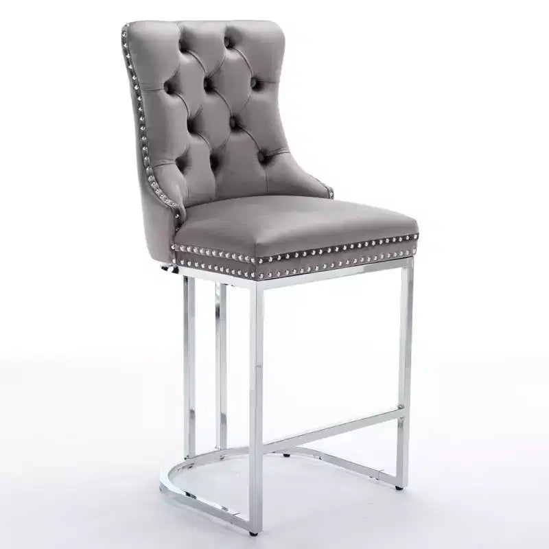Okak – Lot de 2 tabourets de bar de 66 cm, tabourets de bar modernes en velours avec dossier capitonné et rivets, chaises d'îlot de cuisine style ferme avec base en métal chromé