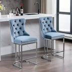 Okak – Lot de 2 tabourets de bar de 66 cm, tabourets de bar modernes en velours avec dossier capitonné et rivets, chaises d'îlot de cuisine style ferme avec base en métal chromé