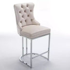 Okak – Lot de 2 tabourets de bar de 66 cm, tabourets de bar modernes en velours avec dossier capitonné et rivets, chaises d'îlot de cuisine style ferme avec base en métal chromé