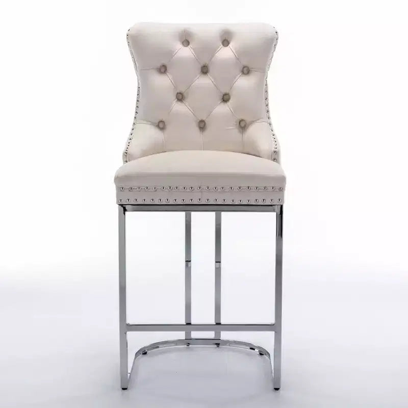Okak – Lot de 2 tabourets de bar de 66 cm, tabourets de bar modernes en velours avec dossier capitonné et rivets, chaises d'îlot de cuisine style ferme avec base en métal chromé