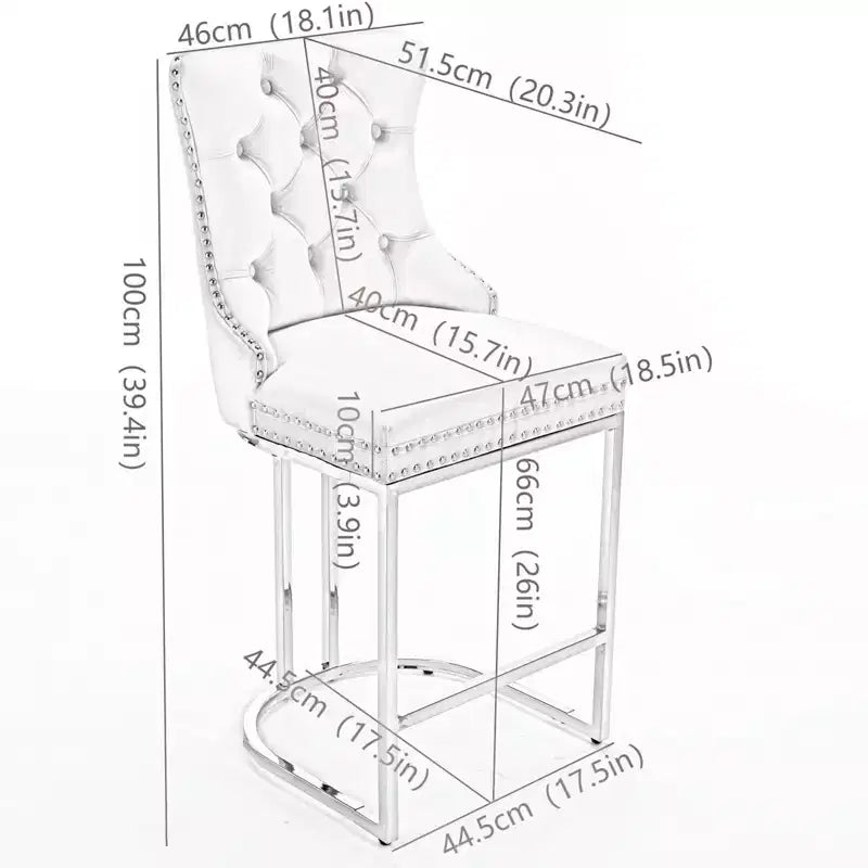 Okak – Lot de 2 tabourets de bar de 66 cm, tabourets de bar modernes en velours avec dossier capitonné et rivets, chaises d'îlot de cuisine style ferme avec base en métal chromé