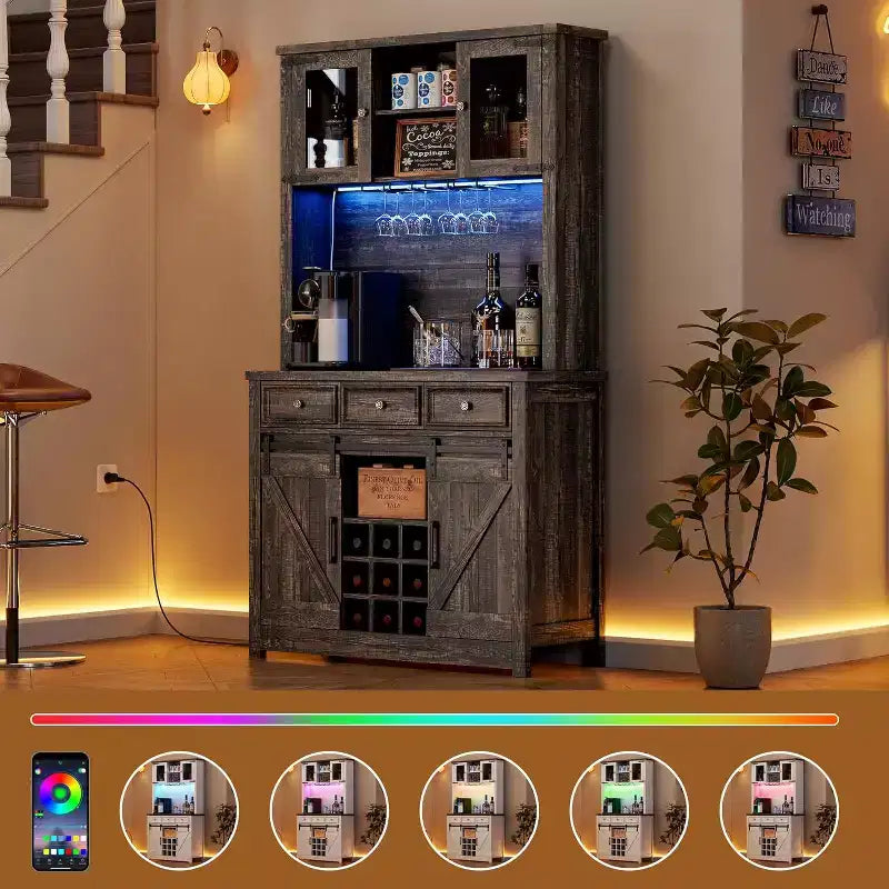 Meuble bar à café de 72 po avec porte coulissante de style grange, buffet de cuisine haut avec 3 tiroirs et porte-verres à vin, grand espace de rangement pour la maison
