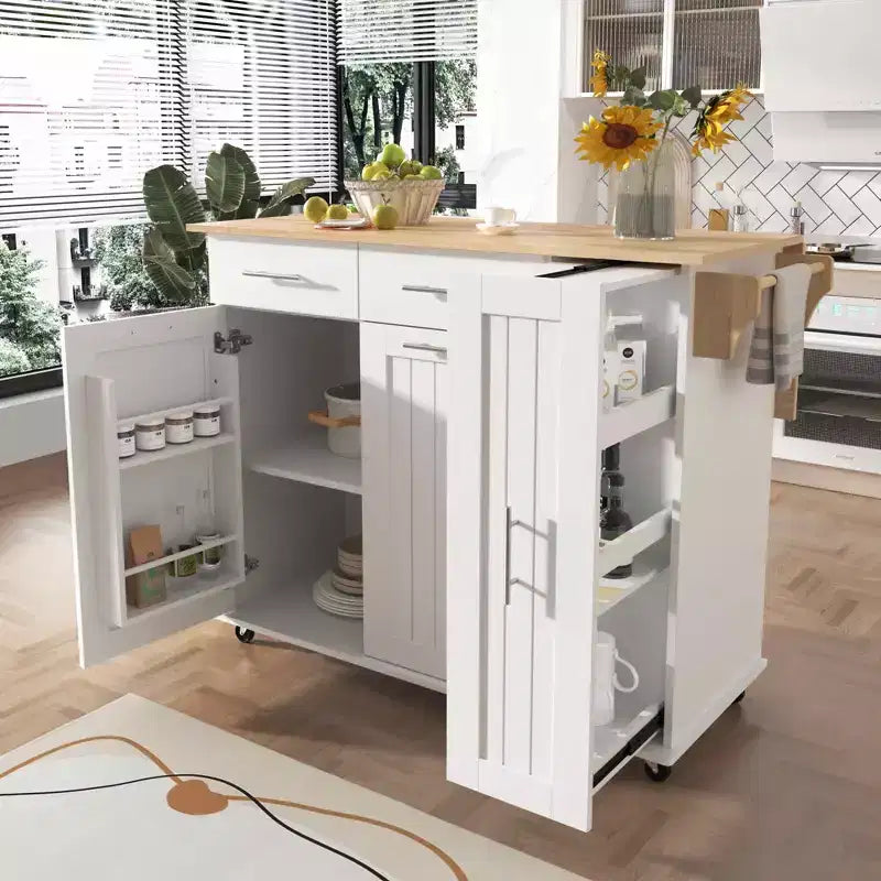 MAYEERTY Îlot de cuisine blanc avec abattant, chariot de service à roulettes, organiseur coulissant à 3 niveaux, 2 tiroirs, étagère intérieure, porte-serviettes