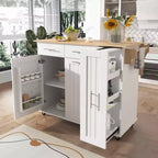 MAYEERTY Îlot de cuisine blanc avec abattant, chariot de service à roulettes, organiseur coulissant à 3 niveaux, 2 tiroirs, étagère intérieure, porte-serviettes