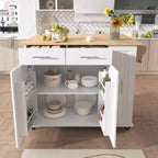 MAYEERTY Îlot de cuisine blanc avec abattant, chariot de service à roulettes, organiseur coulissant à 3 niveaux, 2 tiroirs, étagère intérieure, porte-serviettes
