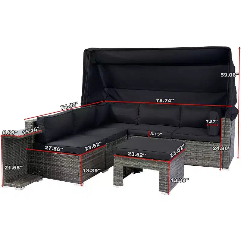Ensemble de mobilier de patio en forme avec auvent rétractable, canapé robuste 7 pièces toutes saisons, idéal pour le jardin, le porche, la cour arrière, noir