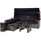 Ensemble de mobilier de patio en forme avec auvent rétractable, canapé robuste 7 pièces toutes saisons, idéal pour le jardin, le porche, la cour arrière, noir