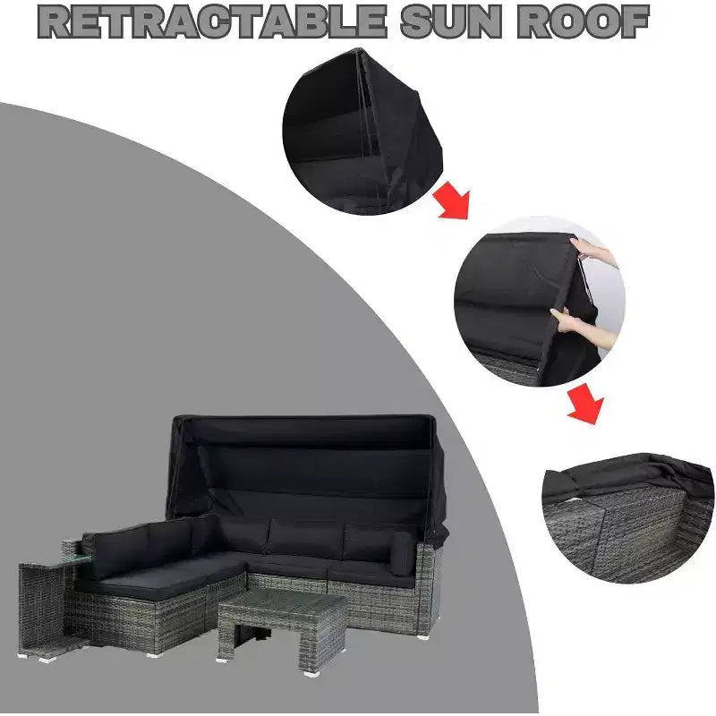Ensemble de mobilier de patio en forme avec auvent rétractable, canapé robuste 7 pièces toutes saisons, idéal pour le jardin, le porche, la cour arrière, noir