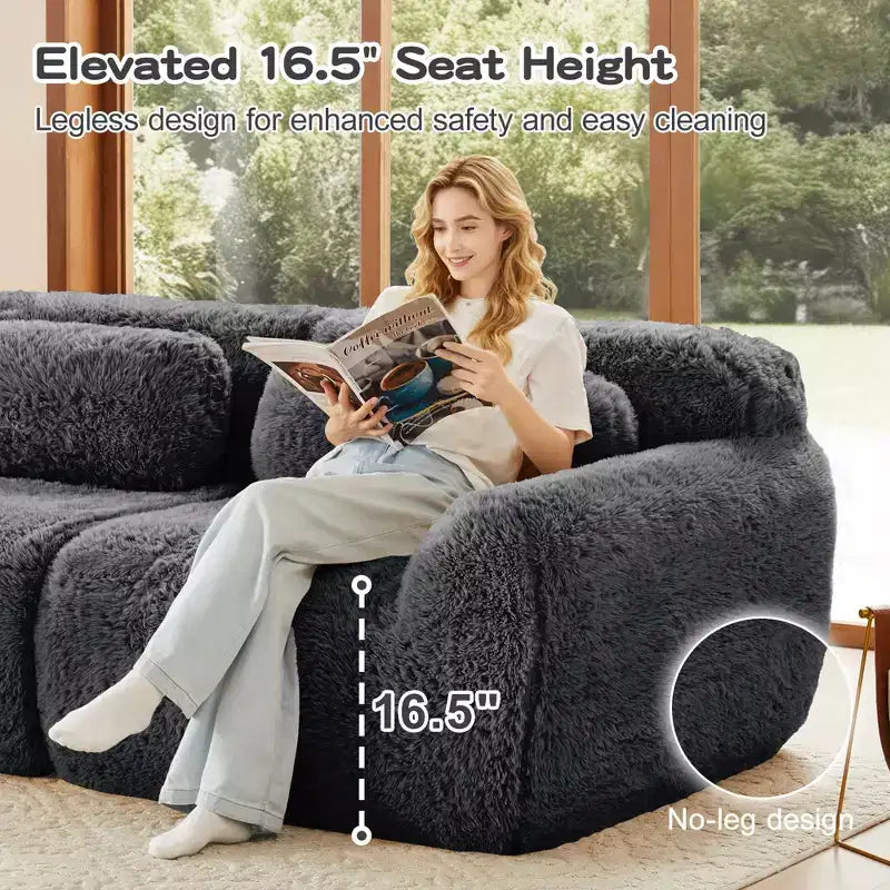Canapé sectionnel d'angle en tissu peluche kaki clair de 149 pouces avec oreillers et pouf (connexion à boucle)