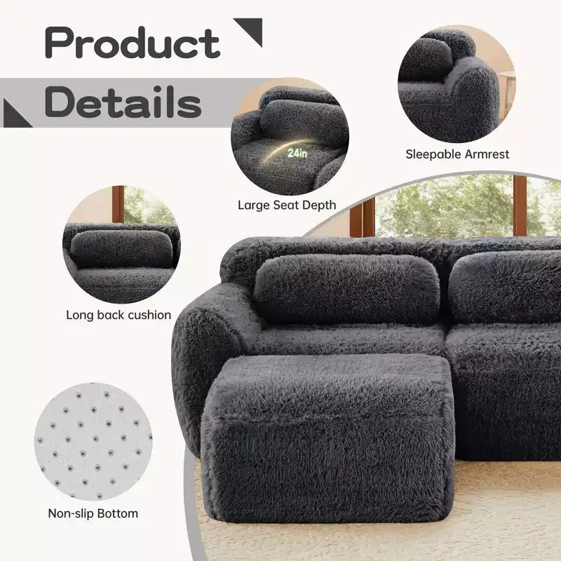 Canapé sectionnel d'angle en tissu peluche kaki clair de 149 pouces avec oreillers et pouf (connexion à boucle)