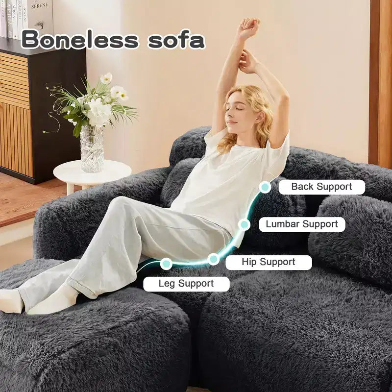 Canapé sectionnel d'angle en tissu peluche kaki clair de 149 pouces avec oreillers et pouf (connexion à boucle)