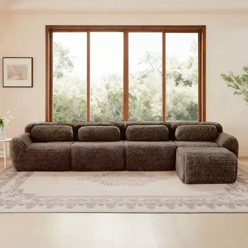 Canapé sectionnel d'angle en tissu peluche kaki clair de 149 pouces avec oreillers et pouf (connexion à boucle)