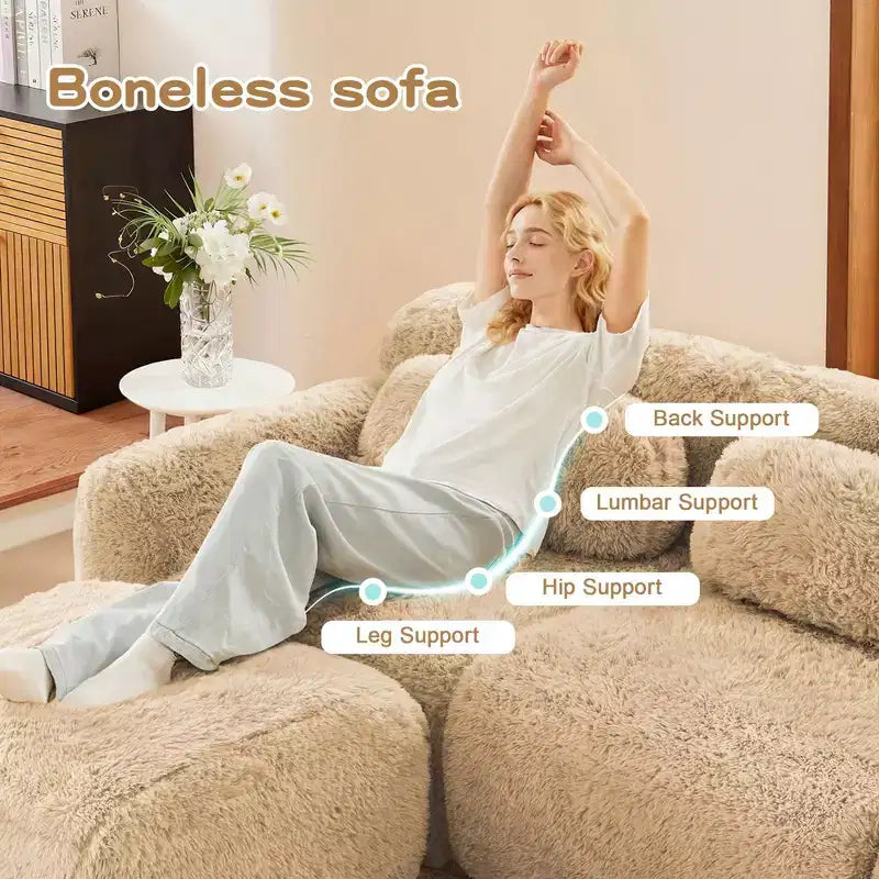 Canapé sectionnel d'angle en tissu peluche kaki clair de 149 pouces avec oreillers et pouf (connexion à boucle)