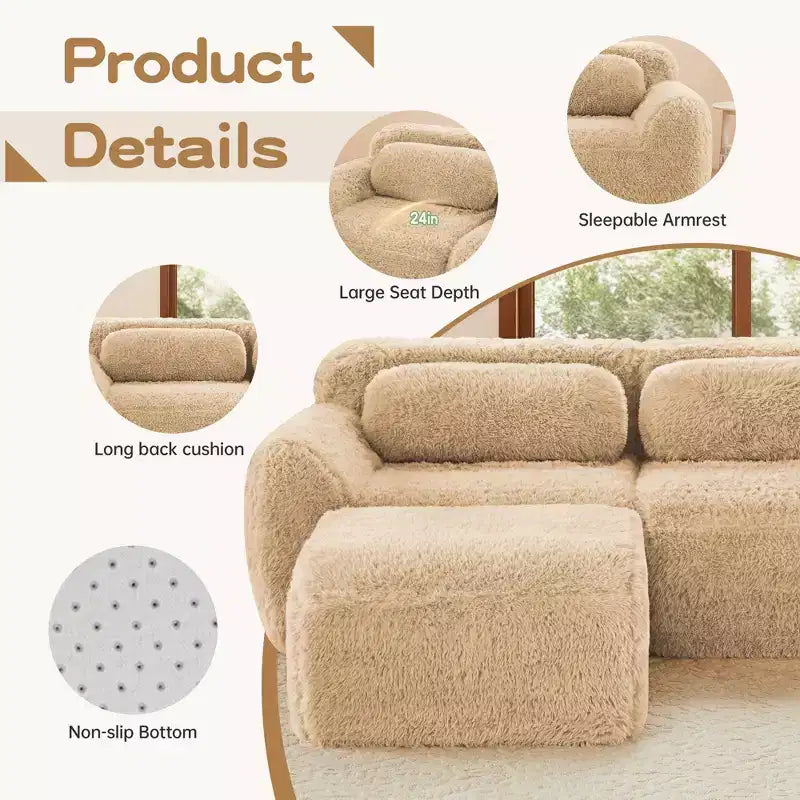 Canapé sectionnel d'angle en tissu peluche kaki clair de 149 pouces avec oreillers et pouf (connexion à boucle)