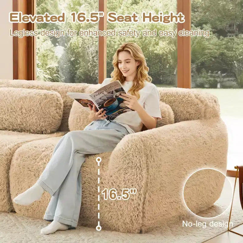 Canapé sectionnel d'angle en tissu peluche kaki clair de 149 pouces avec oreillers et pouf (connexion à boucle)