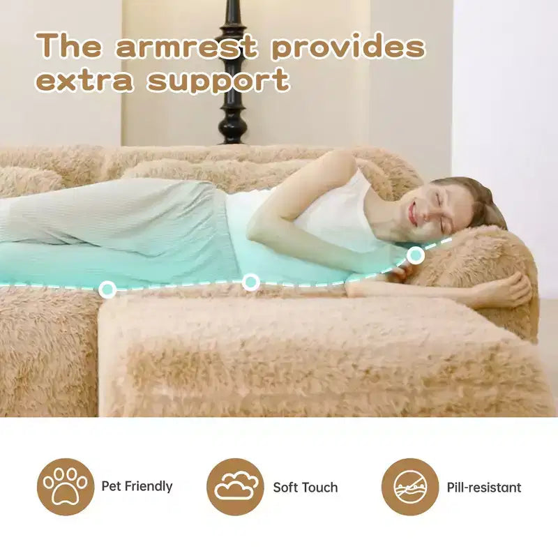 Canapé sectionnel d'angle en tissu peluche kaki clair de 149 pouces avec oreillers et pouf (connexion à boucle)