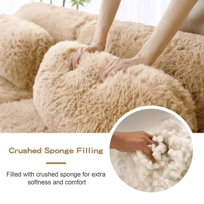 Canapé sectionnel d'angle en tissu peluche kaki clair de 149 pouces avec oreillers et pouf (connexion à boucle)