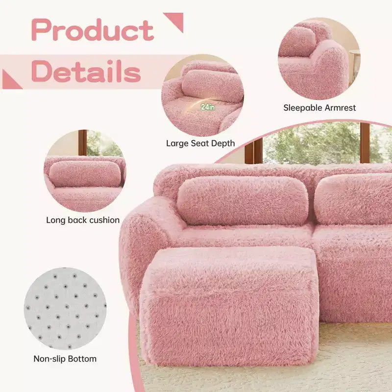 Canapé sectionnel d'angle en tissu peluche kaki clair de 149 pouces avec oreillers et pouf (connexion à boucle)