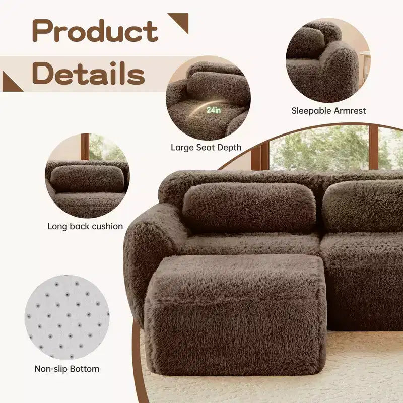 Canapé sectionnel d'angle en tissu peluche kaki clair de 149 pouces avec oreillers et pouf (connexion à boucle)