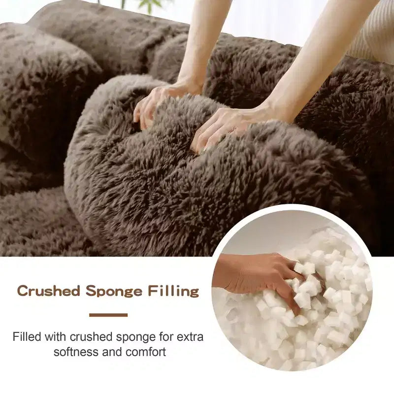 Canapé sectionnel d'angle en tissu peluche kaki clair de 149 pouces avec oreillers et pouf (connexion à boucle)