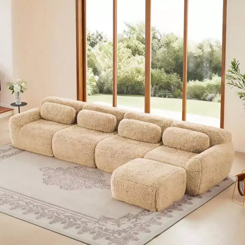 149 inch Light Khaki L-shaped Plush Fabric Sectional Sofa Couches with Throw Pillows and Ottoman ( Buckle Connection)