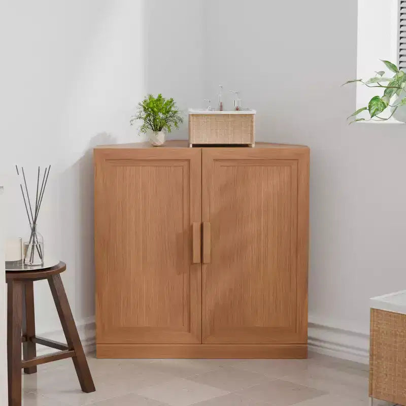 MAYEERTY Armoire de rangement d'angle moderne en bois massif à double porte, rangement efficace pour le coin de la maison et le salon, beige