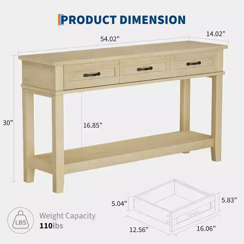 Table d'entrée, Console avec 3 tiroirs de rangement, Table de canapé en bois de ferme à 3 niveaux, Tables de couloir