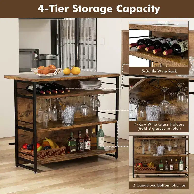 Table de bar îlot de cuisine industrielle Costway, étagère de rangement à 4 niveaux, porte-verres, noir/marron rustique