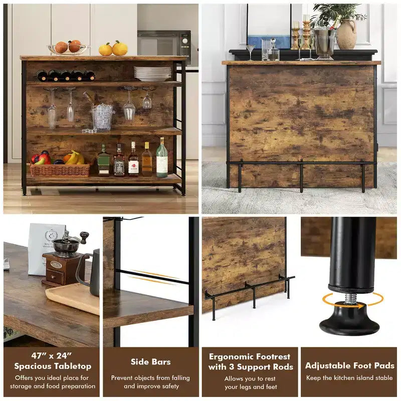 Table de bar îlot de cuisine industrielle Costway, étagère de rangement à 4 niveaux, porte-verres, noir/marron rustique