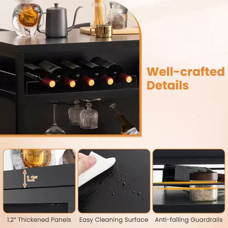 Table de bar îlot de cuisine industrielle Costway, étagère de rangement à 4 niveaux, porte-verres, noir/marron rustique