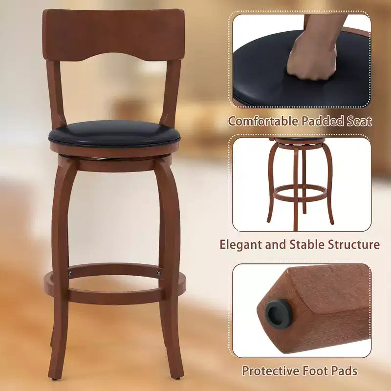 Costway Lot de 4 tabourets de bar pivotants 74 cm avec cadre en bois d'hévéa, assise rembourrée, repose-pieds