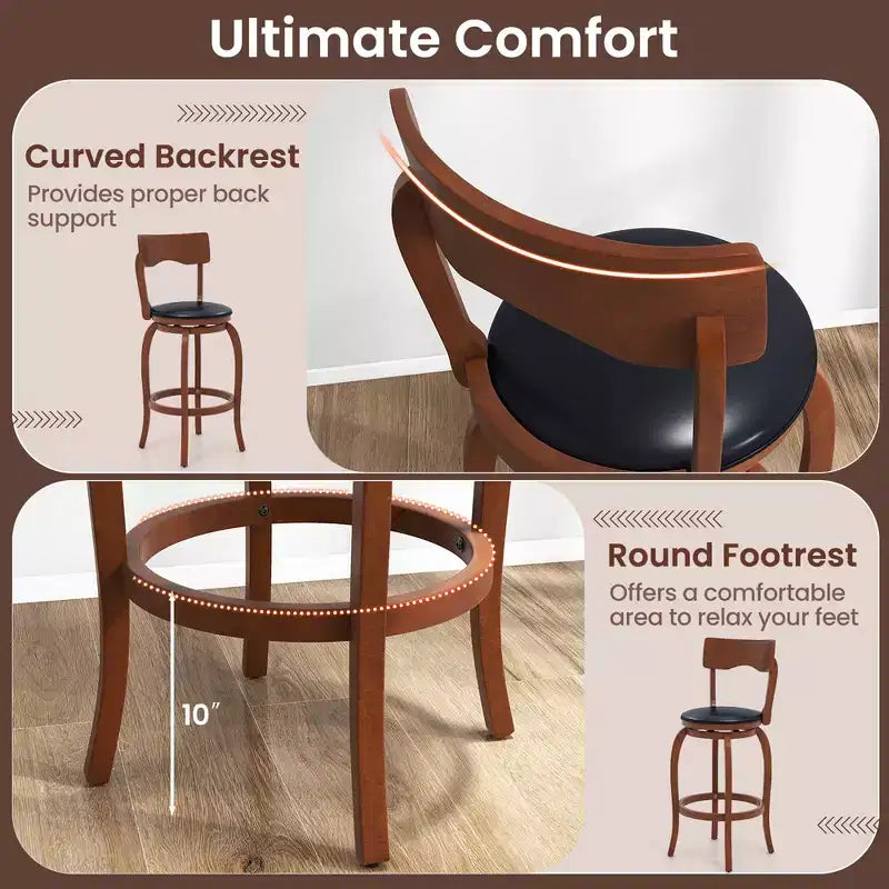 Costway Lot de 4 tabourets de bar pivotants 74 cm avec cadre en bois d'hévéa, assise rembourrée, repose-pieds