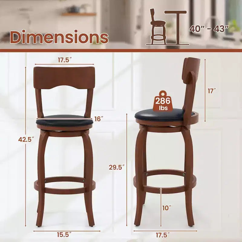 Costway Lot de 4 tabourets de bar pivotants 74 cm avec cadre en bois d'hévéa, assise rembourrée, repose-pieds